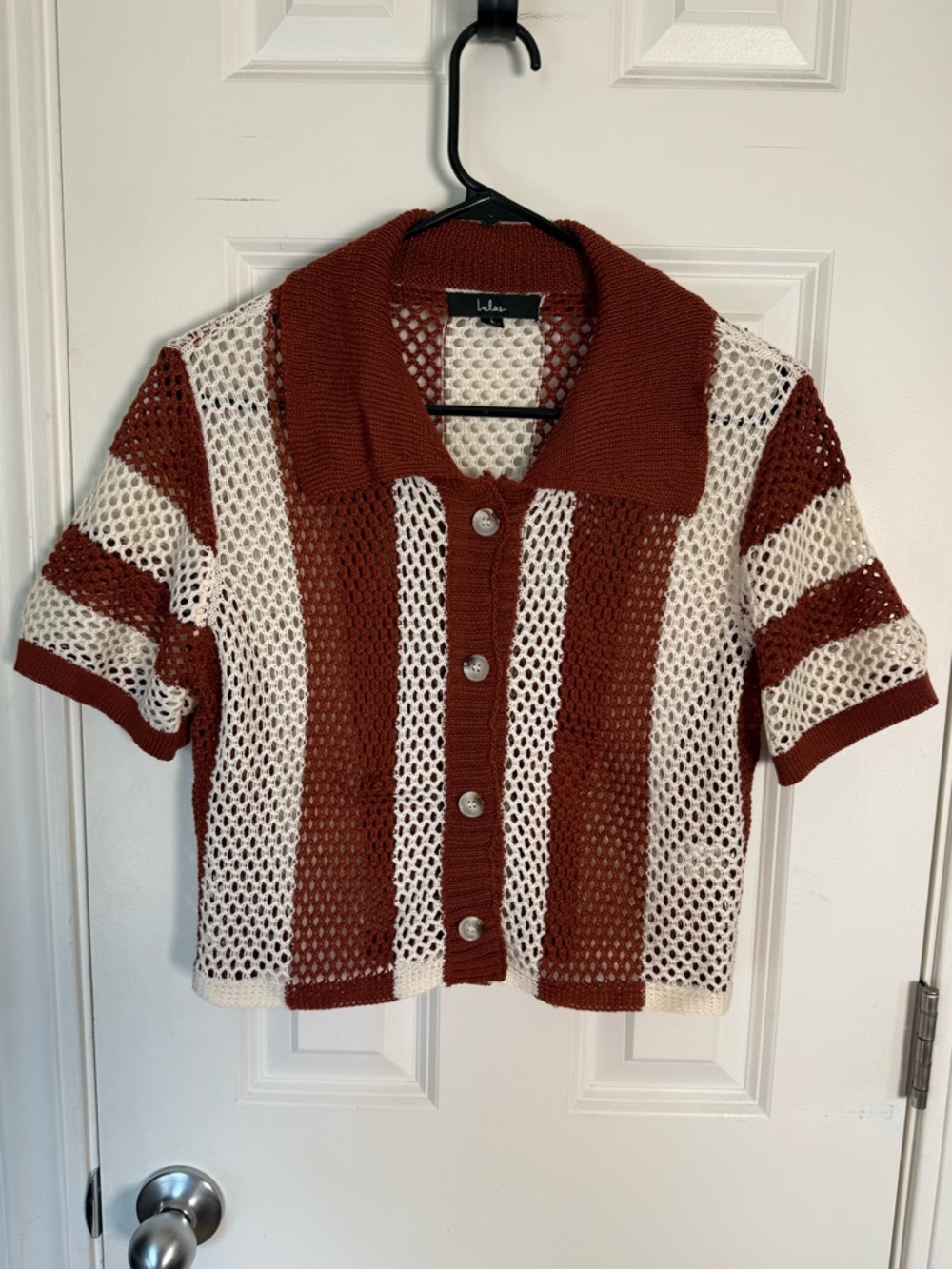 Lulu's Rust & Cream Open-Knit Striped Button Cardigan